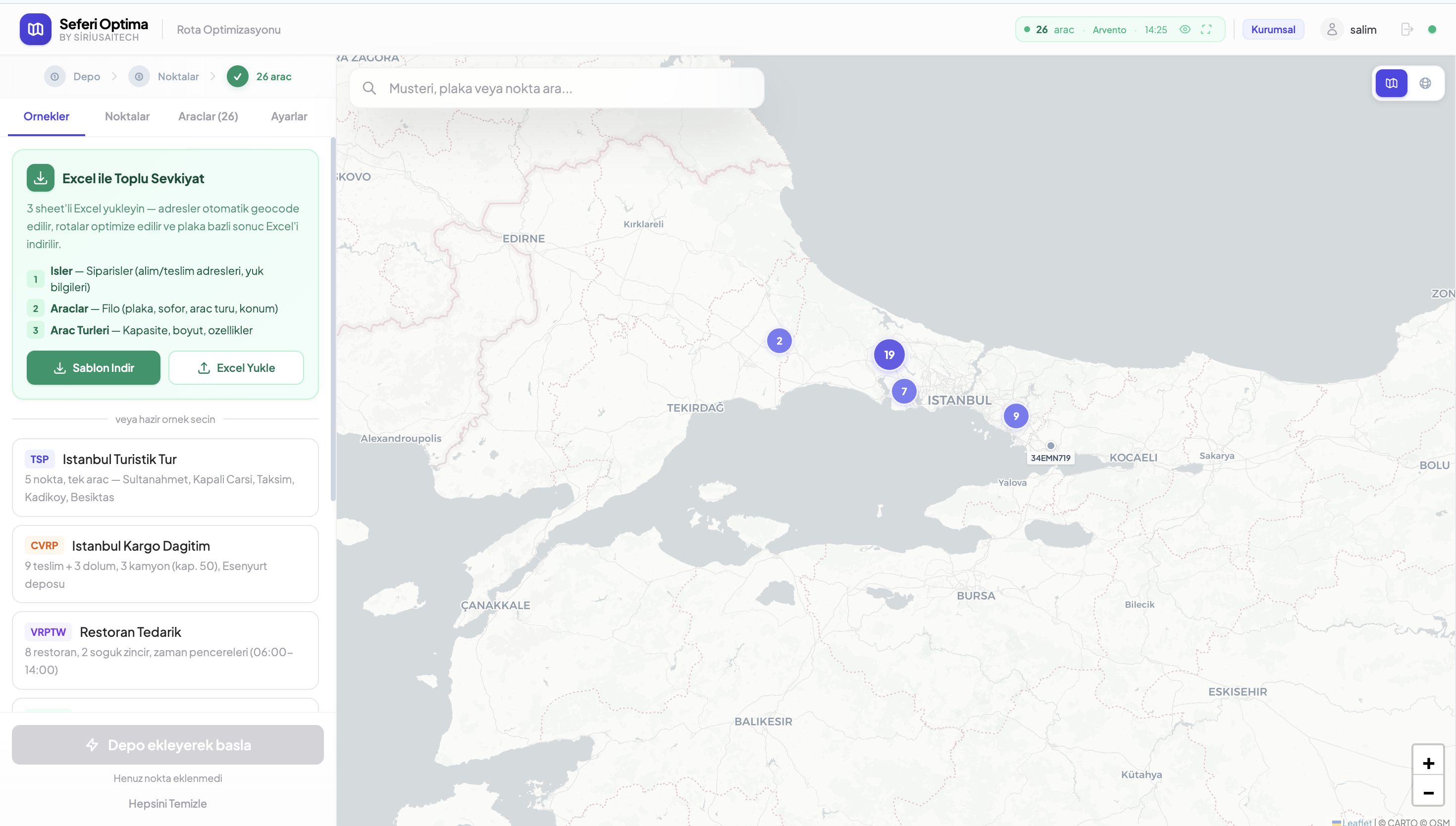 Seferi Optima rota optimizasyon ekranı